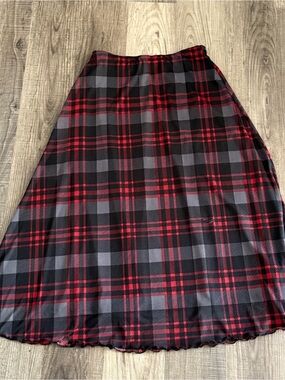Sweet Society Red Black Plaid Sheer Mesh Midi Skirt Lined Medium